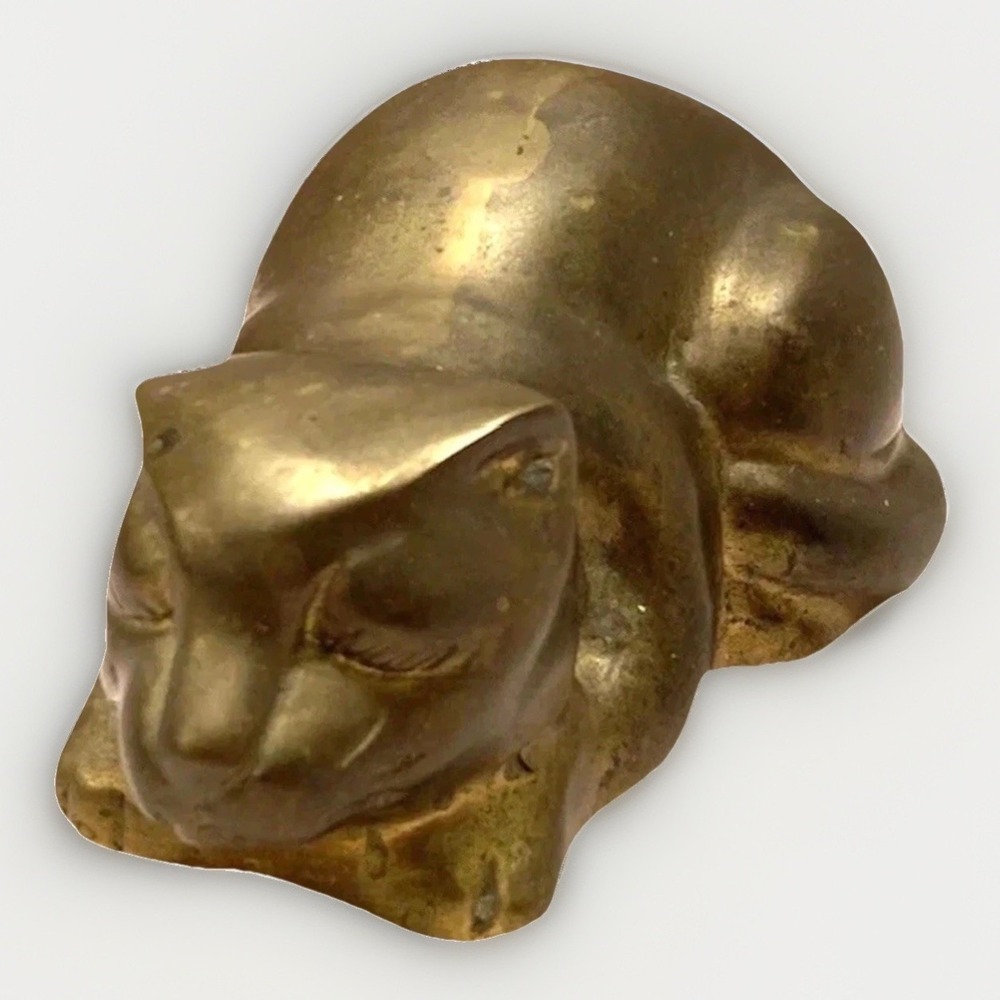 Vintage Brass Sleeping Cat Figurine Statue MCM Large 6" Sitting Sleeping Retro